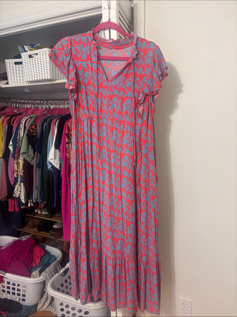 Coral and Light Blue Floral Maxi Dress with Ruffle Hem